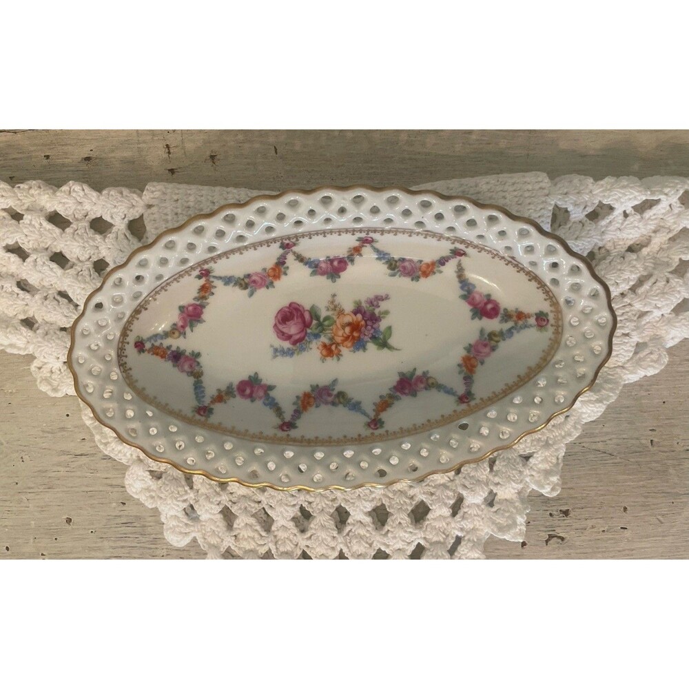 Schumann Bavaria Reticulated Rim Porcelain Oval Relish Dish 8” Vtg 1930’s EUC